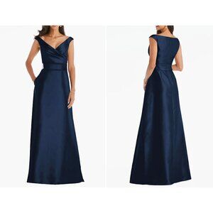 New Alfred Sung Size 0 Off the Shoulder Satin Gown Midnight Blue